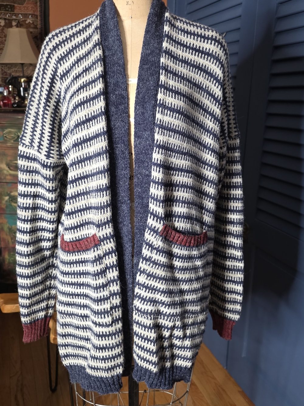 Men's Navy and Cream Striped Open-Front Cardigan with Red Accent